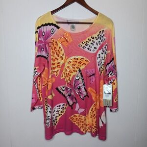 Lucia Burns Y2k Blouse Womens Plus 1X Multicolor Sequin Butterfly Silk Blend NWT